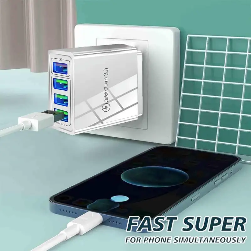 Phone Charger, 3A Faster Phone Wall Charger, Ultra-Fast Charging USB Adapter, Charge Four Device At Once For Smartphone & Tablet
