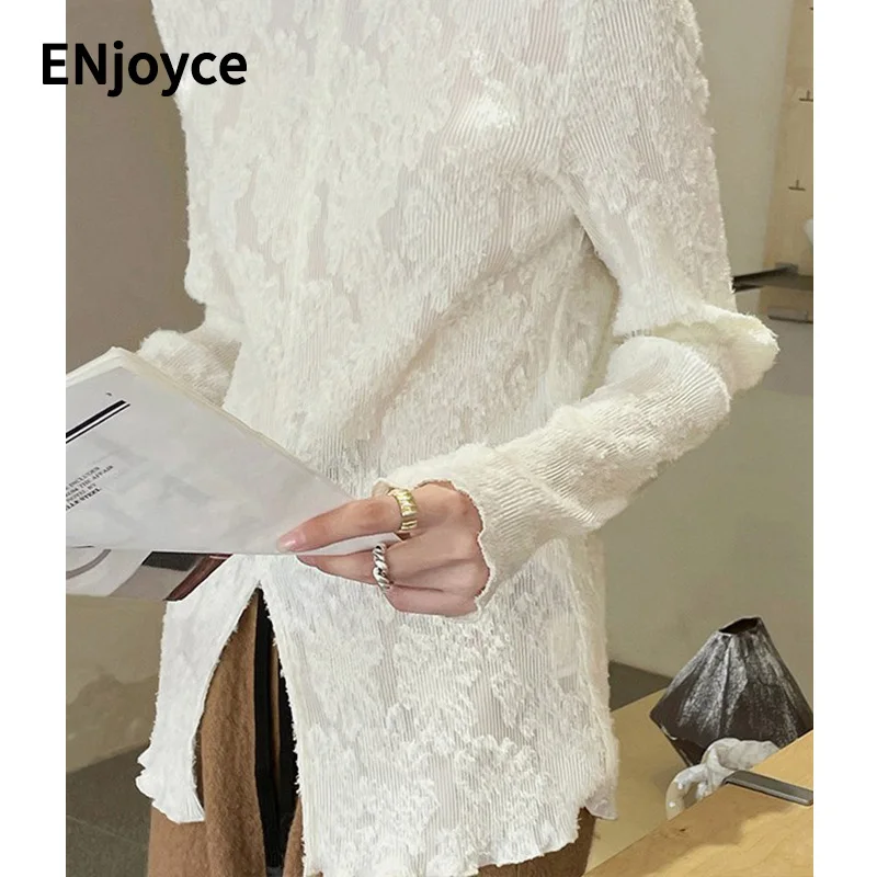 

Весна 2024, женский кружевной жаккардовый ретро-Топ с длинным рукавом, облегающий топ в Корейском стиле, уличная одежда, футболка, Пуловеры с круглым вырезом, женский топ с рукавами