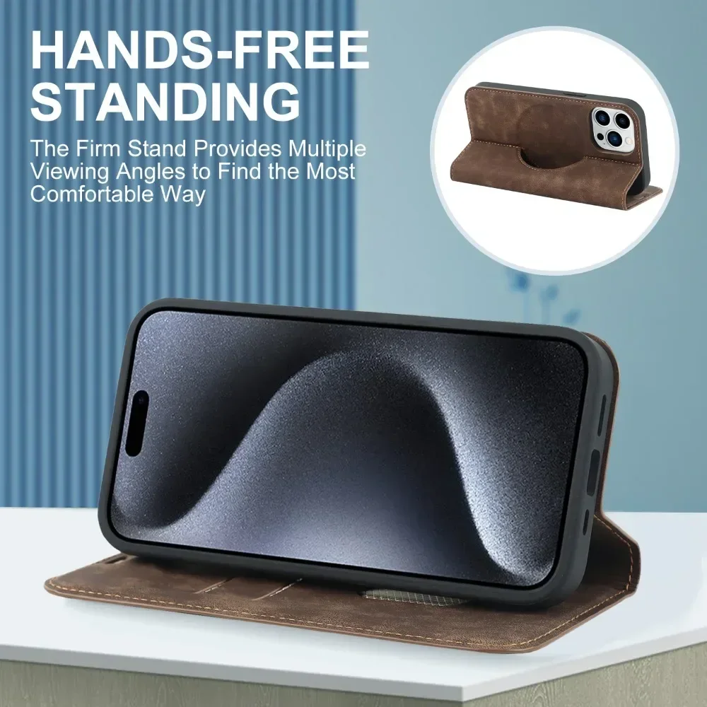 Vintage Leather Magnetic Wallet Flip Case with Card Pocket and Stand