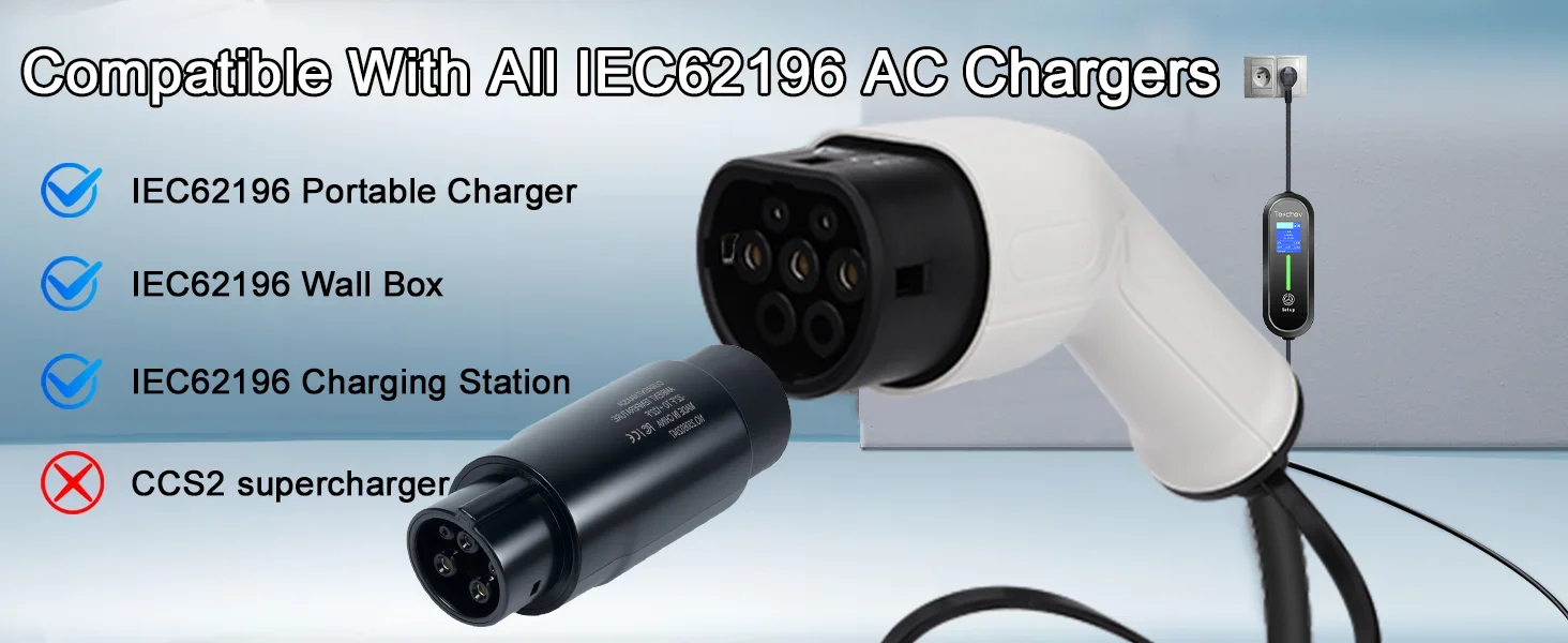 Teschev Typ 2 auf Typ 1 Adapter 32 A einphasig kompatibel mit Typ2-Ladegerät für Elektroautos mit Typ1-Ladebuchse – Detail 1