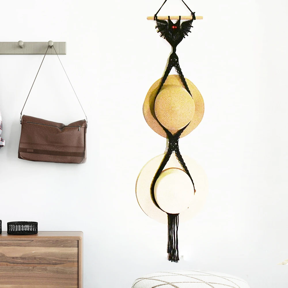 handmade macrame hat holster bat shape hat hanging shelf on wall for home decoration