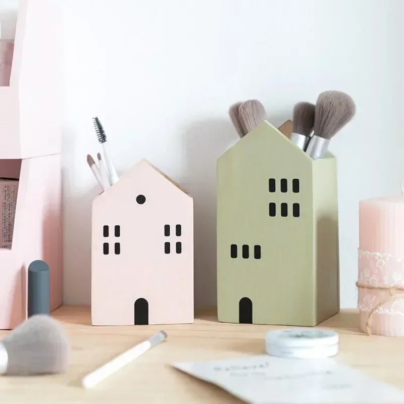 Cartoon House Wooden Pen Holder Pencil container Makeup Brush Stationery storage box Student/ Office Desktop Storage Organiser 2