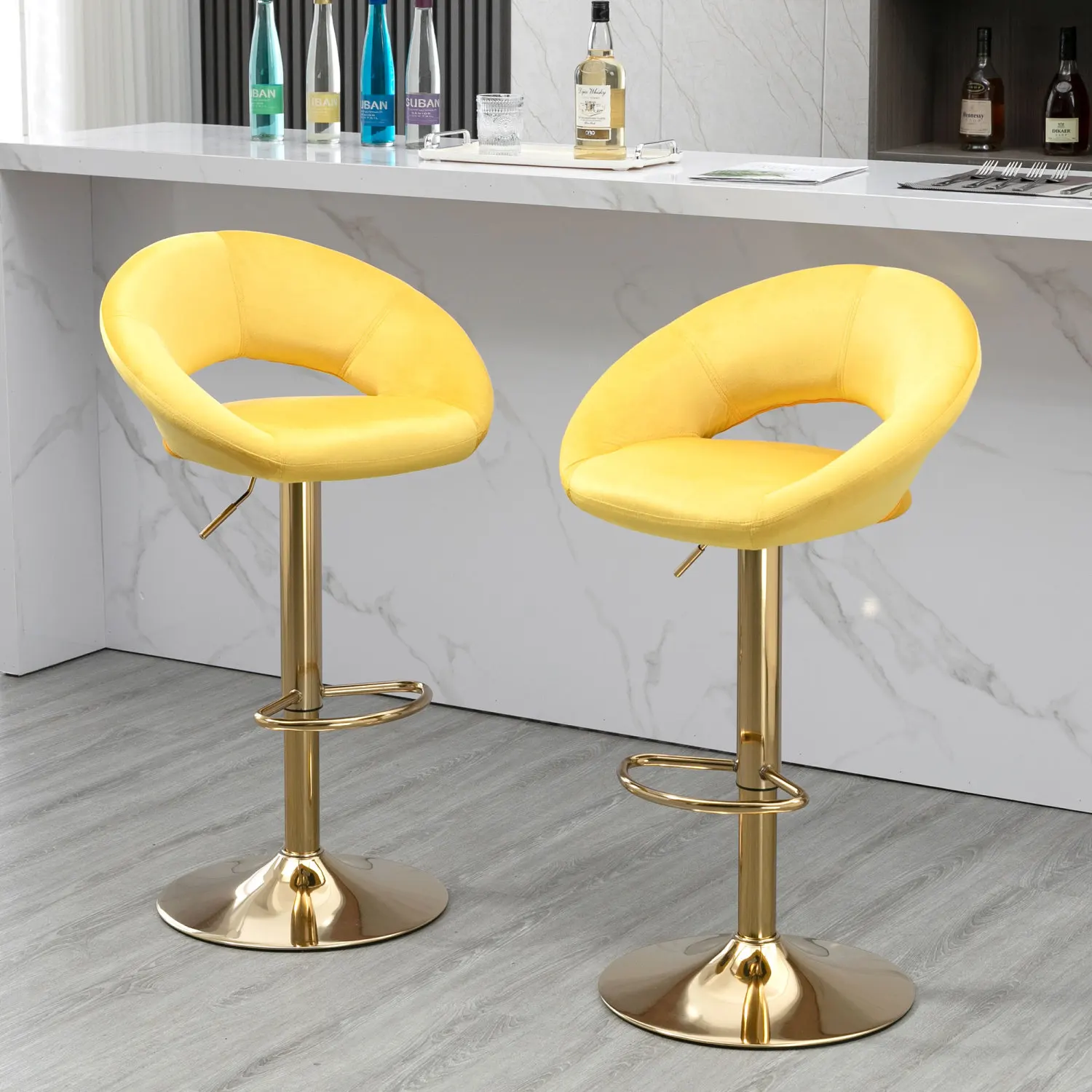 

Set of 2 Modern Yellow Velvet Adjustable Swivel Bar Stools, Counter Height Bar Chair, Stylish Dining Chairs