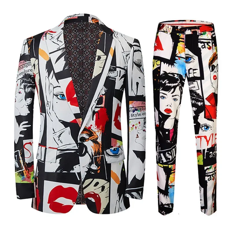 

Mens Fashion Print 2 Pieces Set (Blazer+Pants) Casual Suits Plus Size Hip Hop Tuxedo Suit Men DJ Club Stage Singer Costume Homme