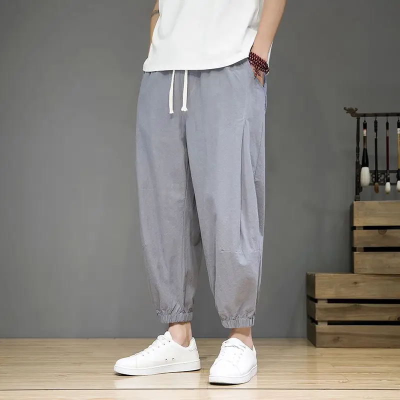 Summer Solid Color Fashion Elastic Waist Haren Pants Man High Street Casual Pockets Patchwork Drawstring Cotton Hemp Trousers