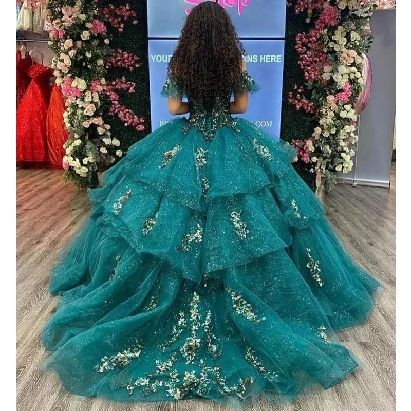 ANGELSBRIDEP Glitter Emerald Green Princess Quinceanera Dress Off Shoulder Appliques Mexiacan Birthday Party Vestidos De 15 Anos