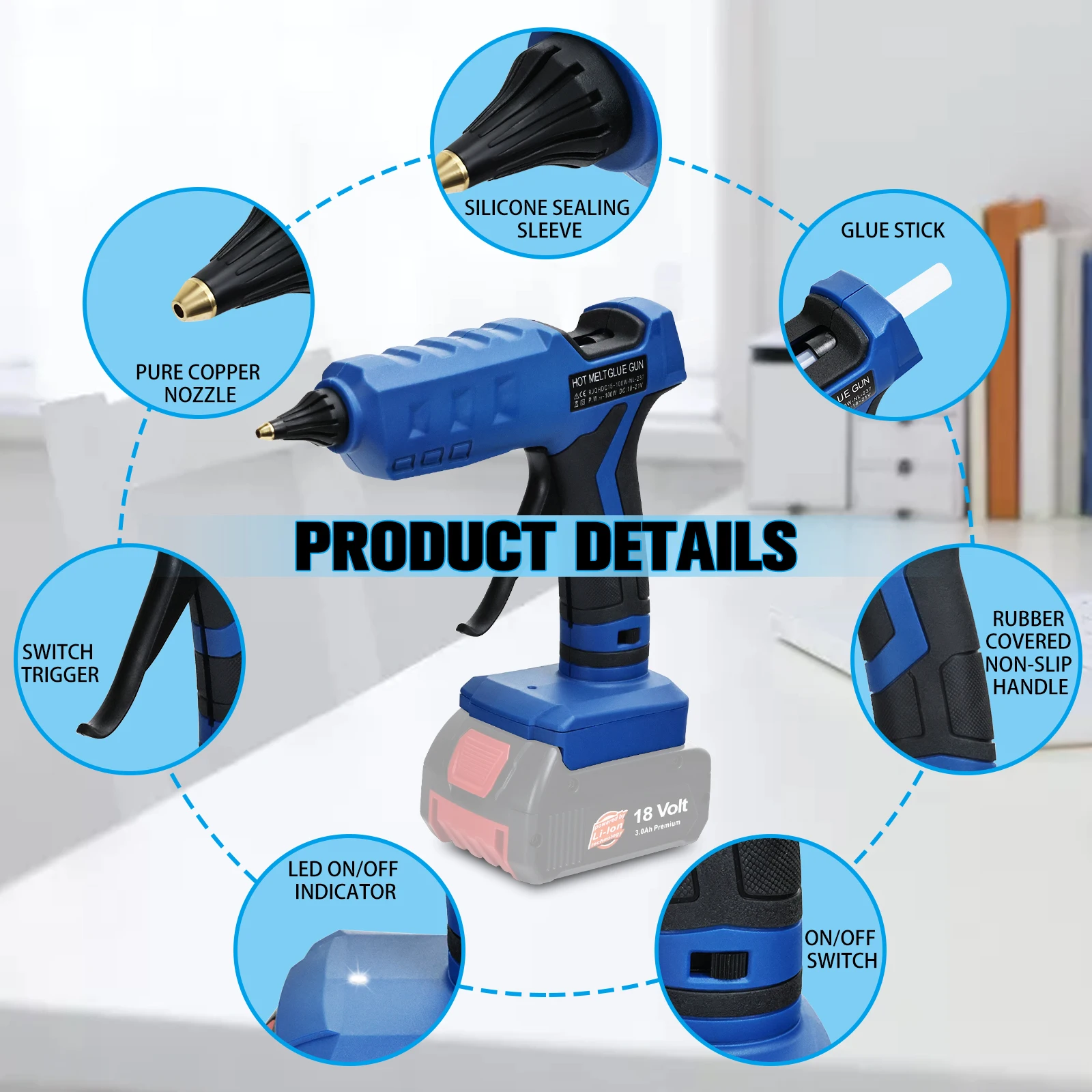 100W Cordless Hot Glue Gun for Bosch 18V Battery with 10pcs 11mm Sticks 30s Quick Preheat for Arts Crafts DIY No Battery hot melt glue gun hot glue gun cordless glue gun