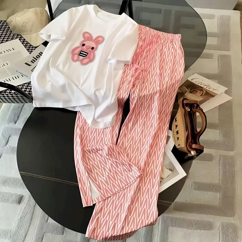 Korean Fashion Anime Women's Tracksuit Casual Pink 2-piece Set Loose T-shirts and Pant Women Suits Summer Outfits for Women 2023 fashion tie dyed shorts sunscreen plaid shirt pink bra three piece elegant women s pants set summer outfits tracksuit for 2023