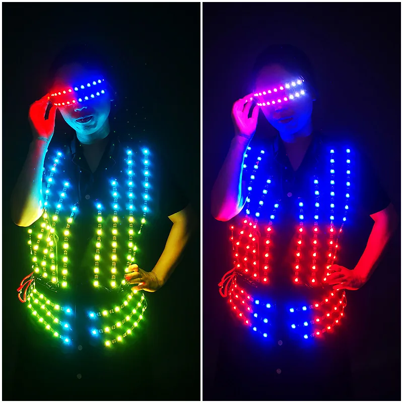 Halloween LED Men Women Costumes Light Up Glasses Vest Luminous Nightclub Party Outfits Stage Dance Wear Futuristic Clothing