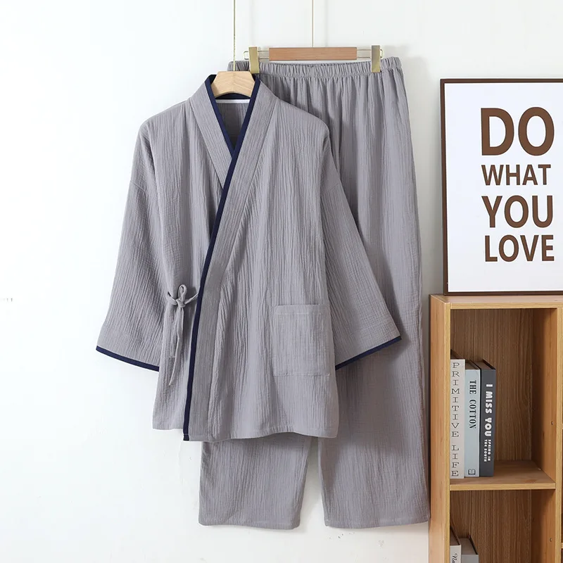 Spring Autumn Japanese Color Blocked Cotton Crepe Kimono Mens Pajamas Set Thin Lace-Up Top + Pants Loose Two-piece Male Homewear pajama sets