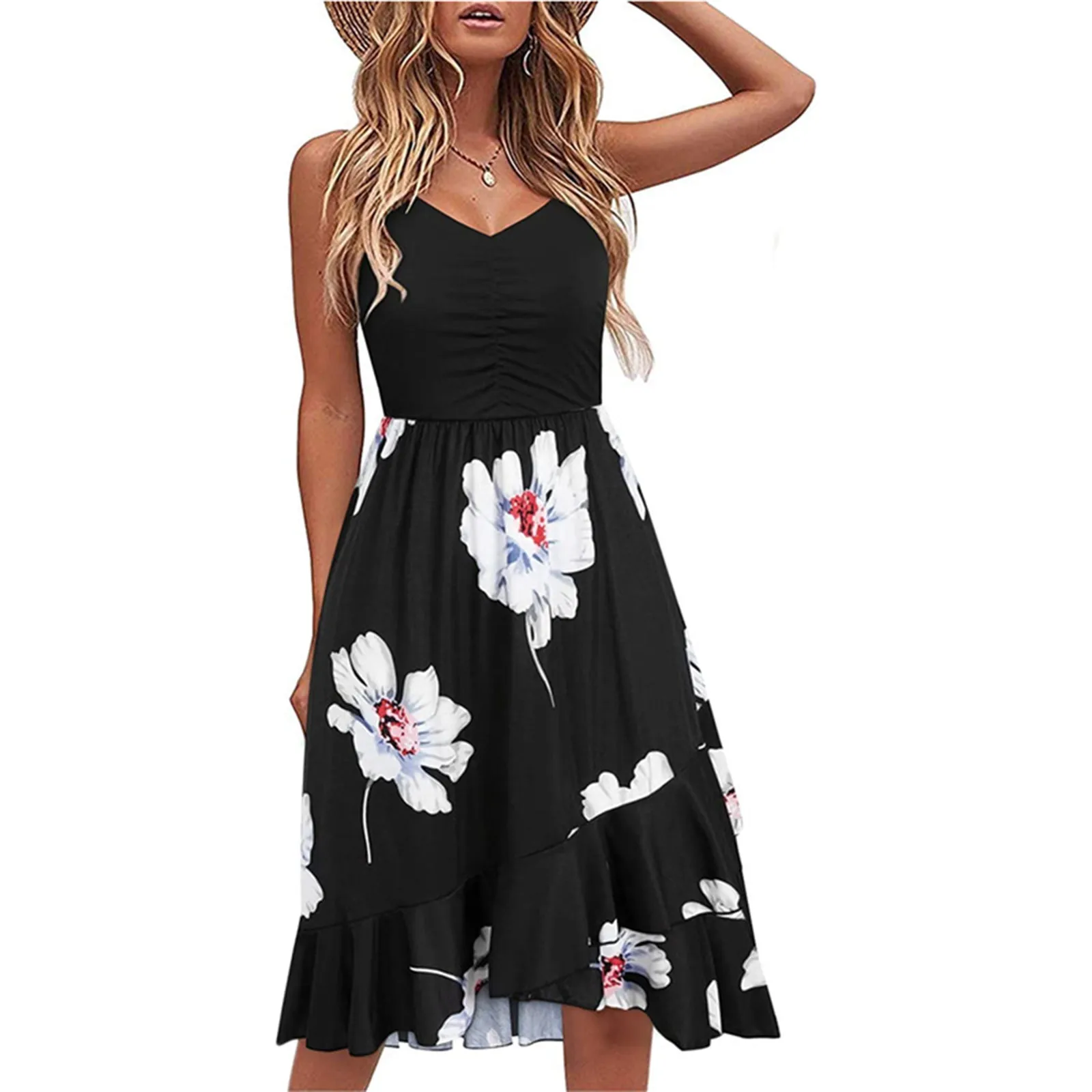 

Women Summer Long Dresses Sleeveless V Neck Boho Floral Print Tie Waist High Low Cocktail Maxi Dress Casual Short Sleeve Dress