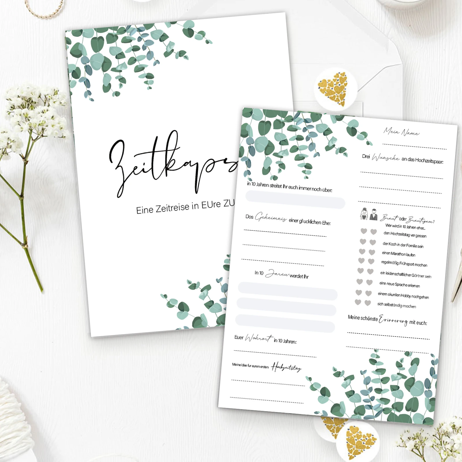 25-Pack Personalized Floral Time Capsule Wedding Invitation Cards, Green Leaf Design, Paper Special Event Invitations for Weddin