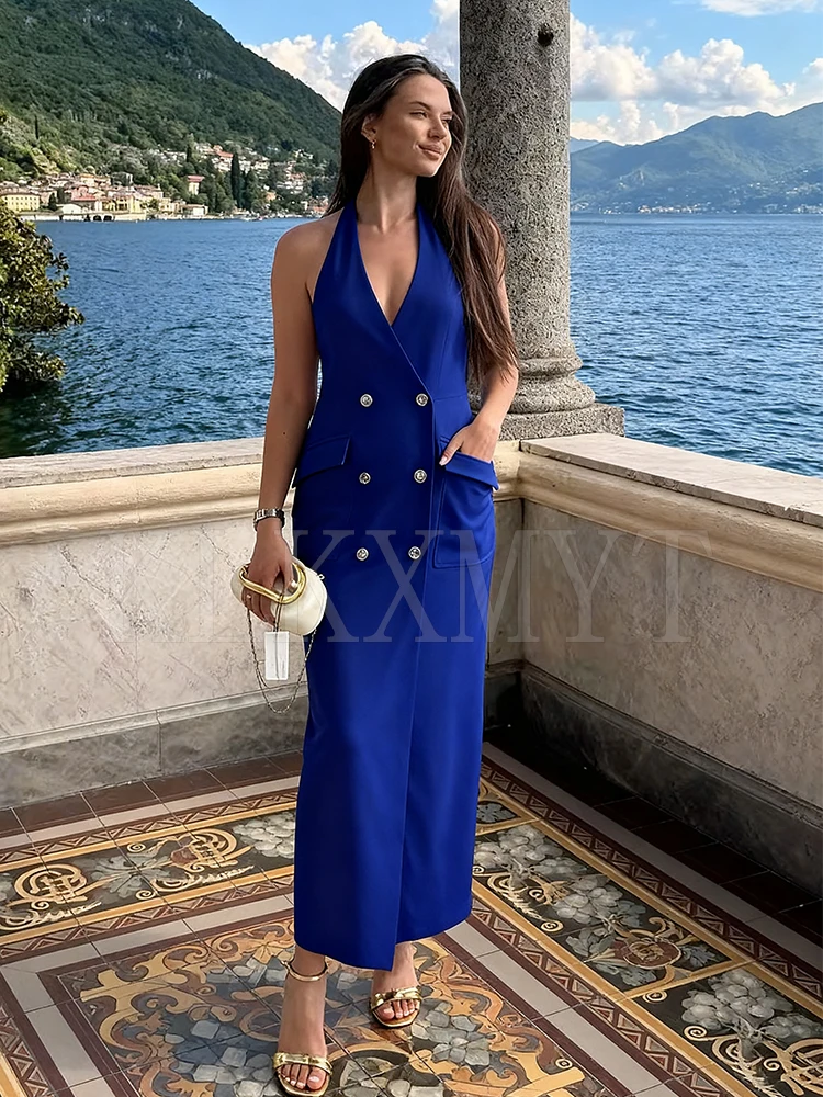 2025 New Women Sleeveless Dress Fashion Double-Breasted Long Dresses Halter Neck Slim Midi Women's Backless Dresses ﻿