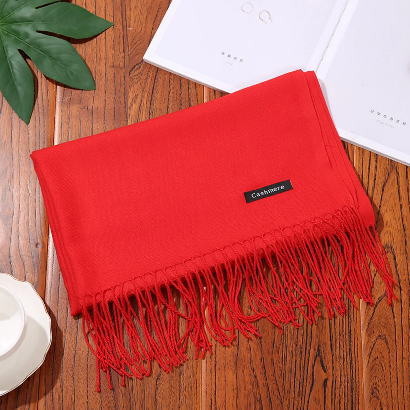 1PC Red Cashmere Scarf Soft Warm Tassel Design Winter Fashion Accessory For Women Elegant Large Wrap Shawl Holiday Gift