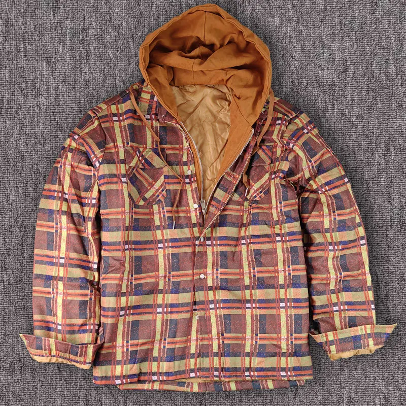 Fall Winter Men's Cotton Plaid Shirts Fashion Workwear Men Fleece Lined Flannel Shirt Thick Sherpa Button Down Jackets With Hood loose and stylish men s jacket for spring and autumn with hood and workwear design personalized street clothing coats men