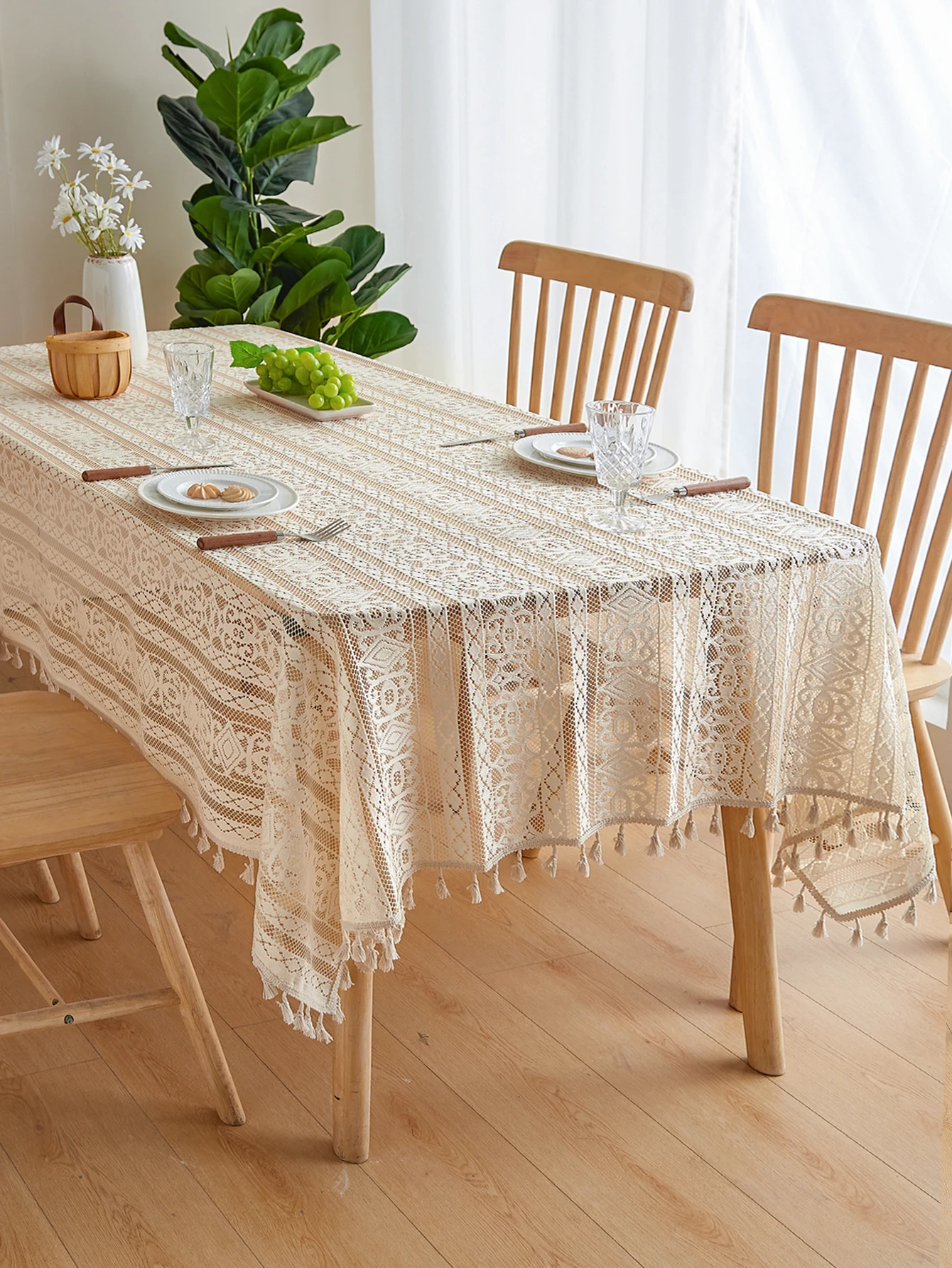 Beige Lace Striped Tablecloth with Tassels – Rectangular Coffee Table Cover 2