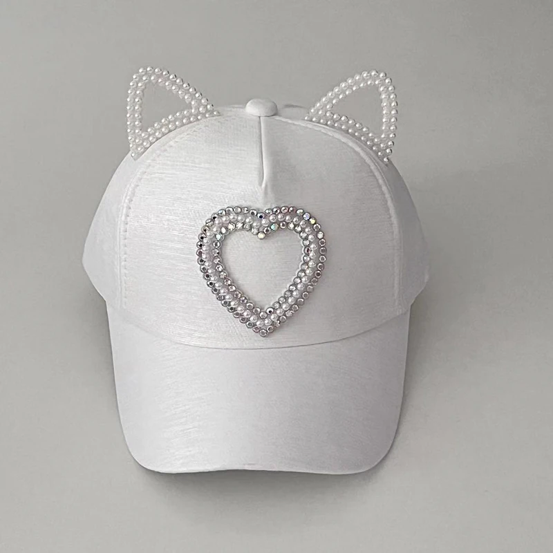 Baseball Cap Girls Sun Protection Caps Cat Ear Kids Baby Sun Hat Rhinestone Hearts