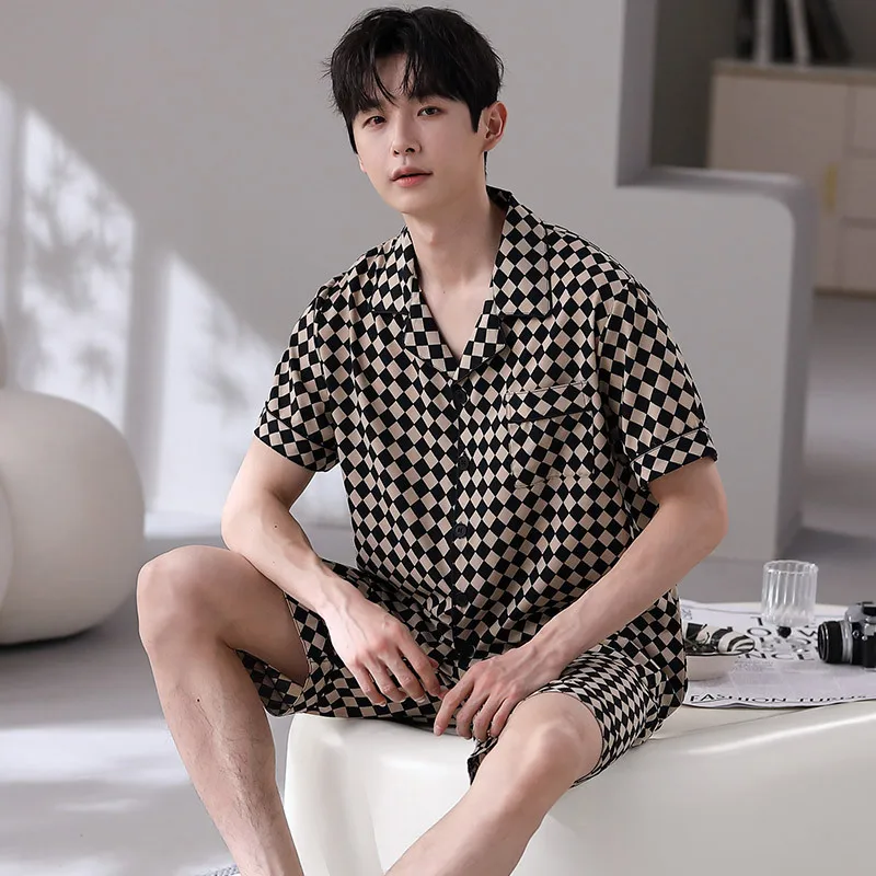 Men's Summer Thin Ice Silk Pajamas Lapel Short Sleeve Cardigan Shorts Oversized Loose Casual Home Clothing Set Luxury Sleepwear
