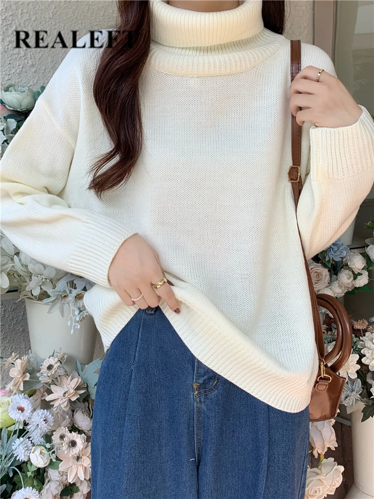 

REALEFT Autumn Winter Solid Women's Turtleneck Sweater 2023 New Warm Casual Loose Long Sleeve Sweaters Knitted Pullover Female