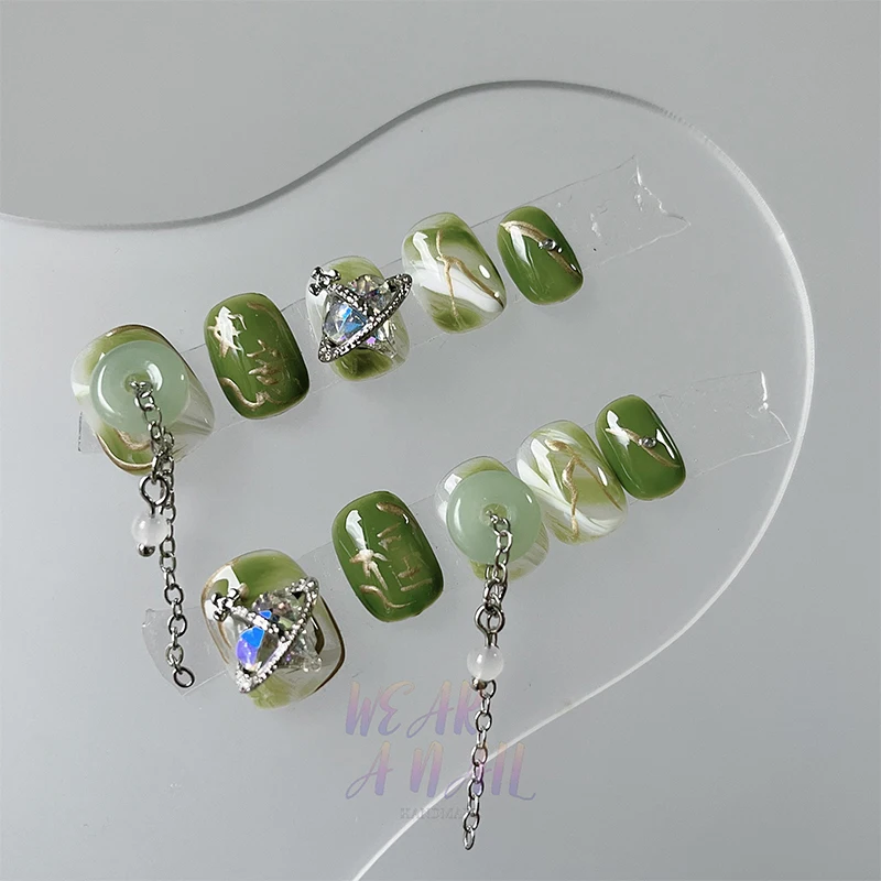 

Короткое прессование ногтей ручной работы китайский дизайн нефрита многоразовый накладной кончик зеленый роскошный кулон дизайн с сердцем циркониевый Декор