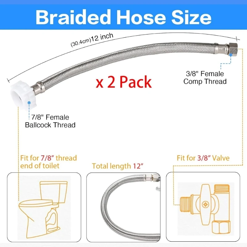 Q9QF 2팩 부식 방지 화장실 물 커넥터 호스 화장실 호스 물 공급 파이프 교체 누출 방지 흐름