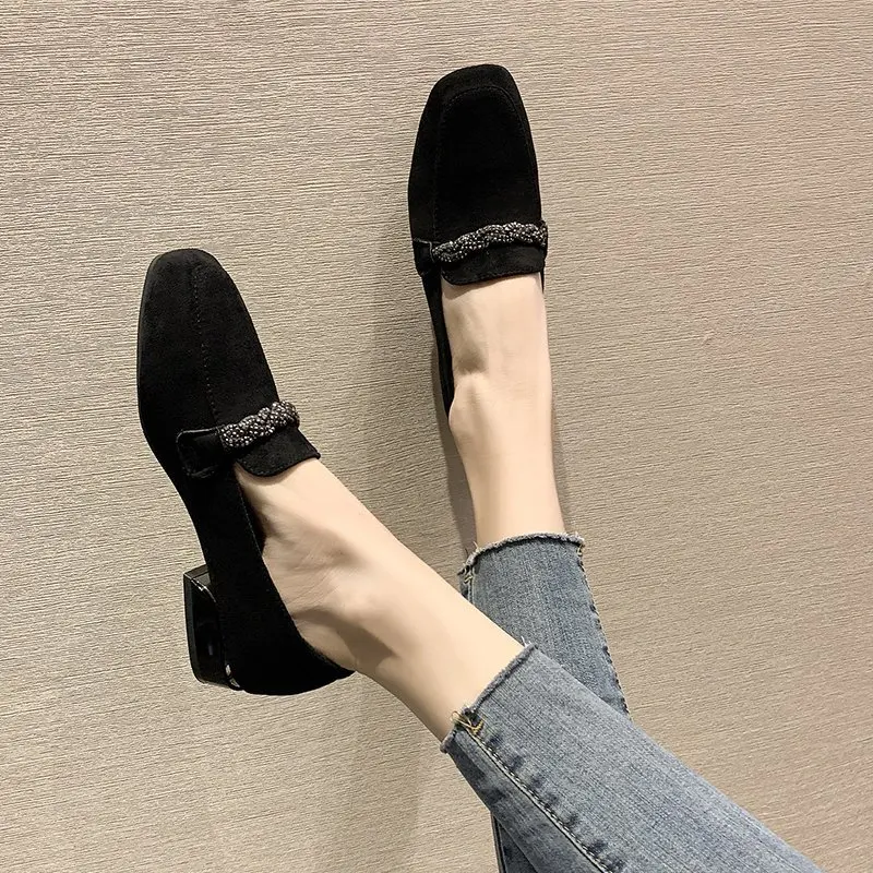 Women Shoes Women Flats Crystal Chain Flock Loafers Women Low Heels Espadrilles Women Shoes Ballerina Retor Square Toe Nubuck Velvet Moccasins Flats