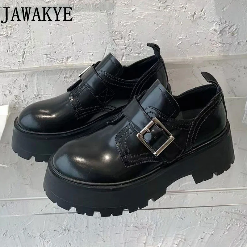 

Black Leather Belt Buckle Women's Platform Shoes School Girl's Height Increasing Wedge Shoes Casual Oxfords