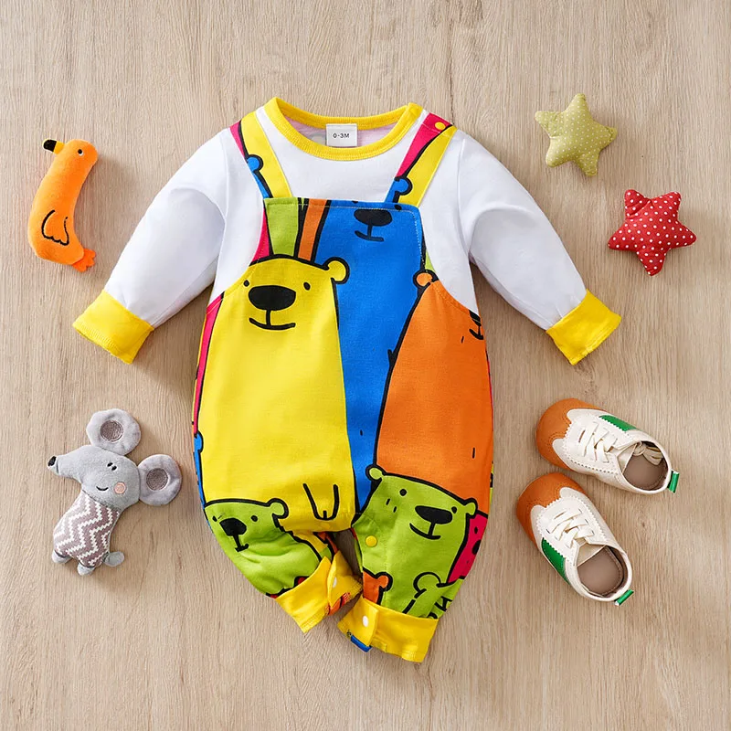 Faux Suspenders & Colorful Bear Print Spring and Autumn baby clothes 0-18Months Boys and Girls Baby Long-Sleeve Romper Newborn 1