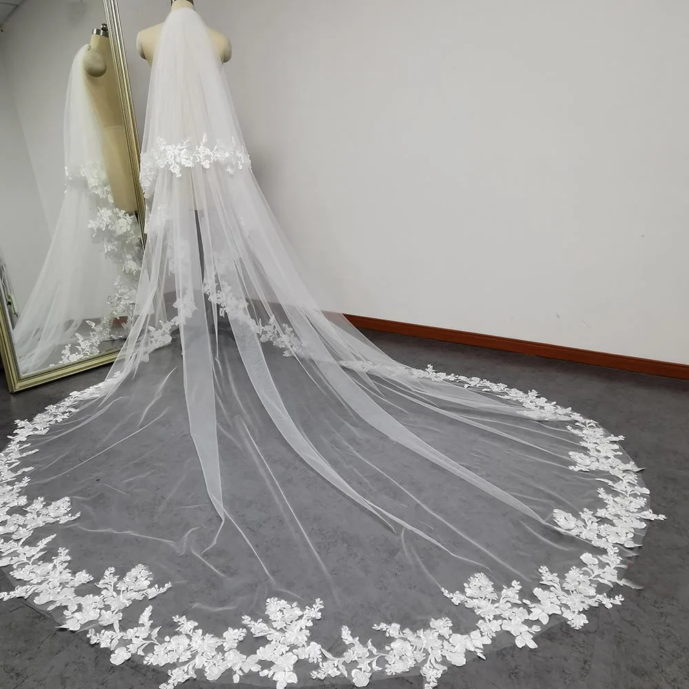Customized Real Photos 3m/3.5m/4m Lace Edge Wedding Veil with Blusher 2 Tiers Bridal Veil with Comb Ivory/White Veil for Wedding