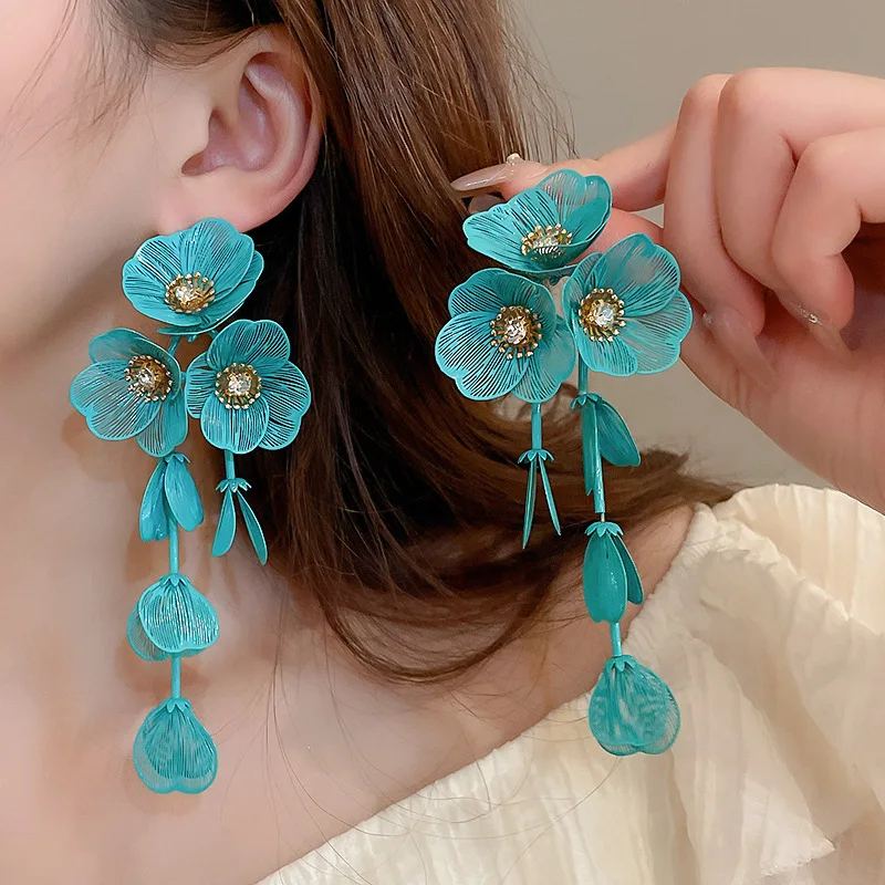 Dangle Acrylic Chiffon Petal Earrings - Long Rose Flower Statement Earrings For Women - View #11