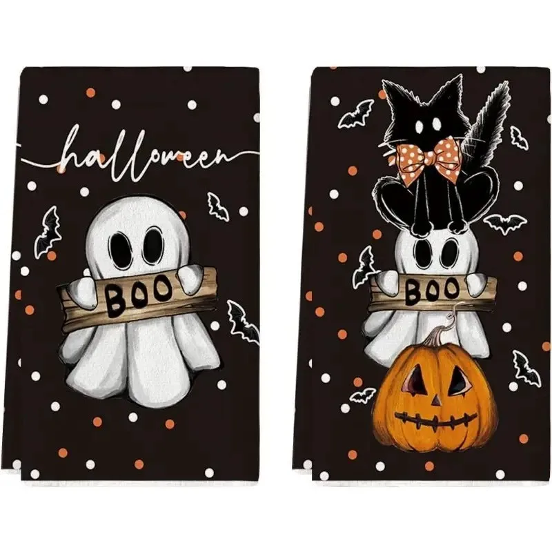 Halloween Ghost Black Cat Kitchen Towels - 16x24 Inch Cat Lover Dish Towels
