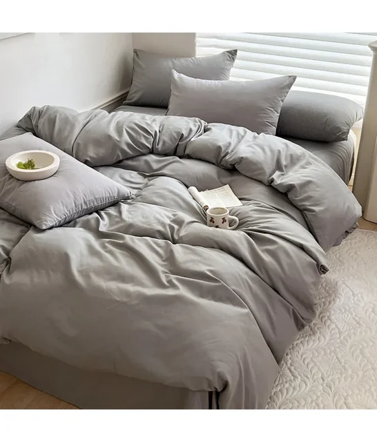 Ensemble de literie en coton, linge de lit solide, avec drap, housse de couette, taie d'oreiller, pour Couple simple, King, Queen, Double, taille 1