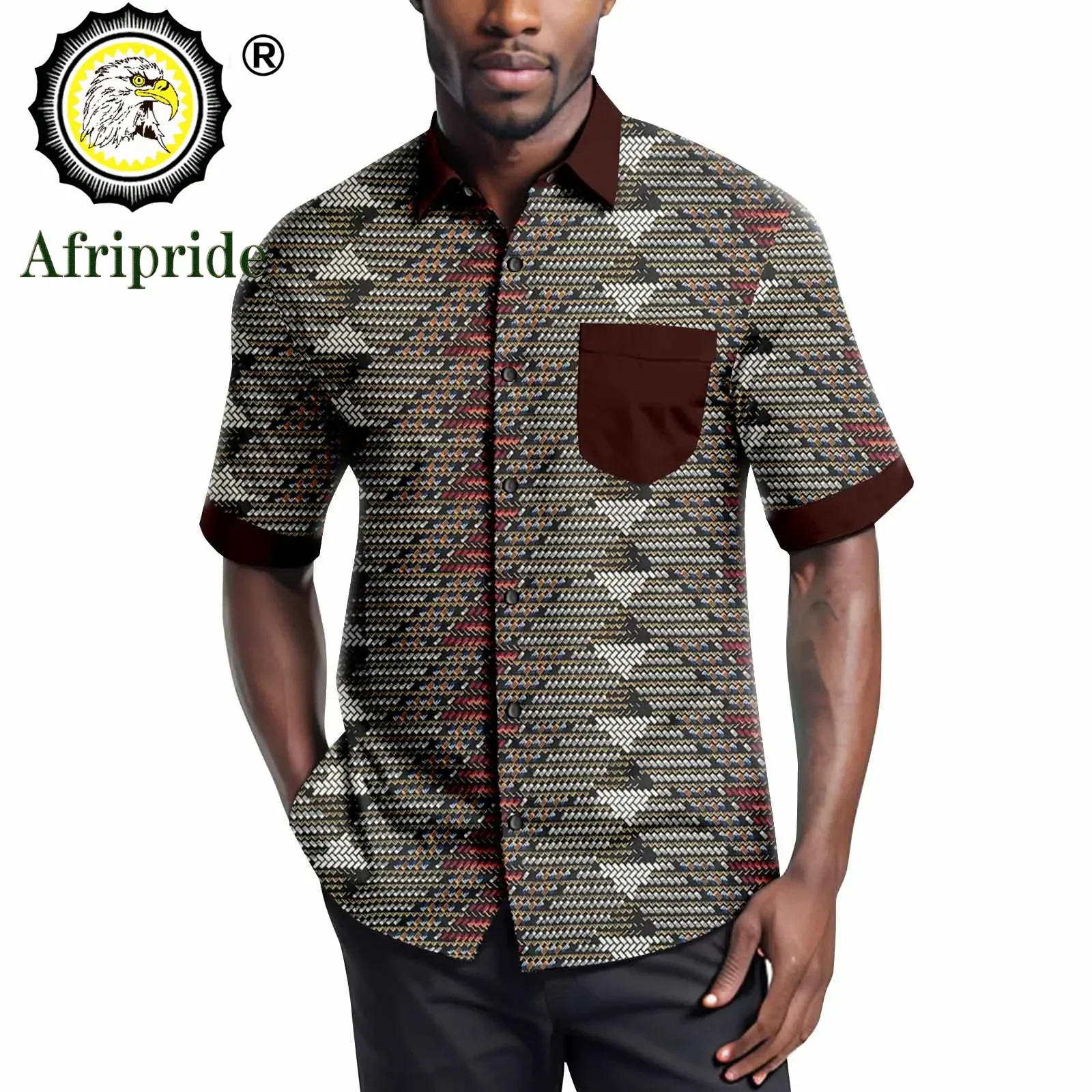 Men African Short Sleeve V-neck Casual Blouse Dashiki Top Ankara Attire Traditional Clothing Plus Size A2312004