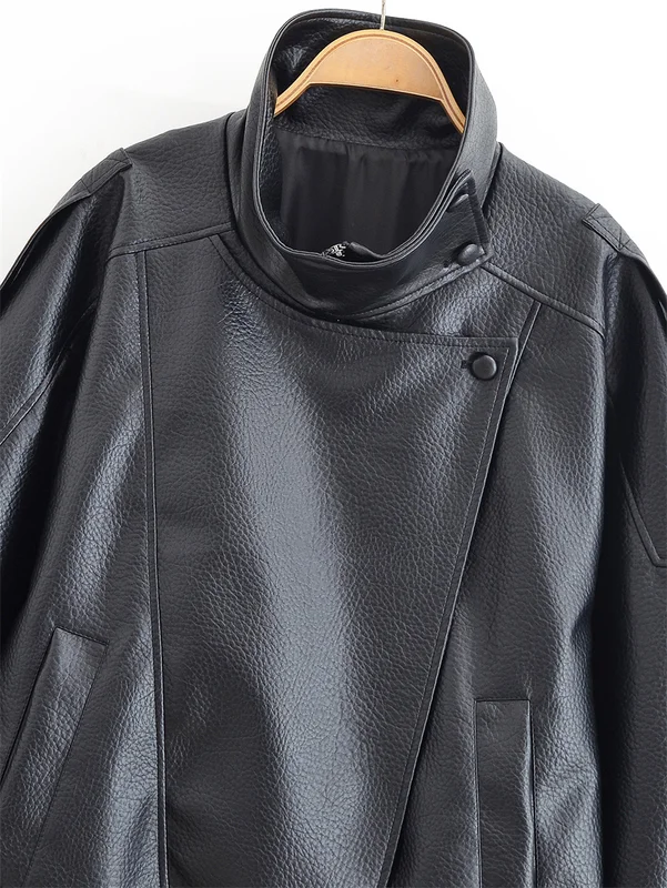 Women's Jacket Fall New Black Long Sleeve Pebble Faux