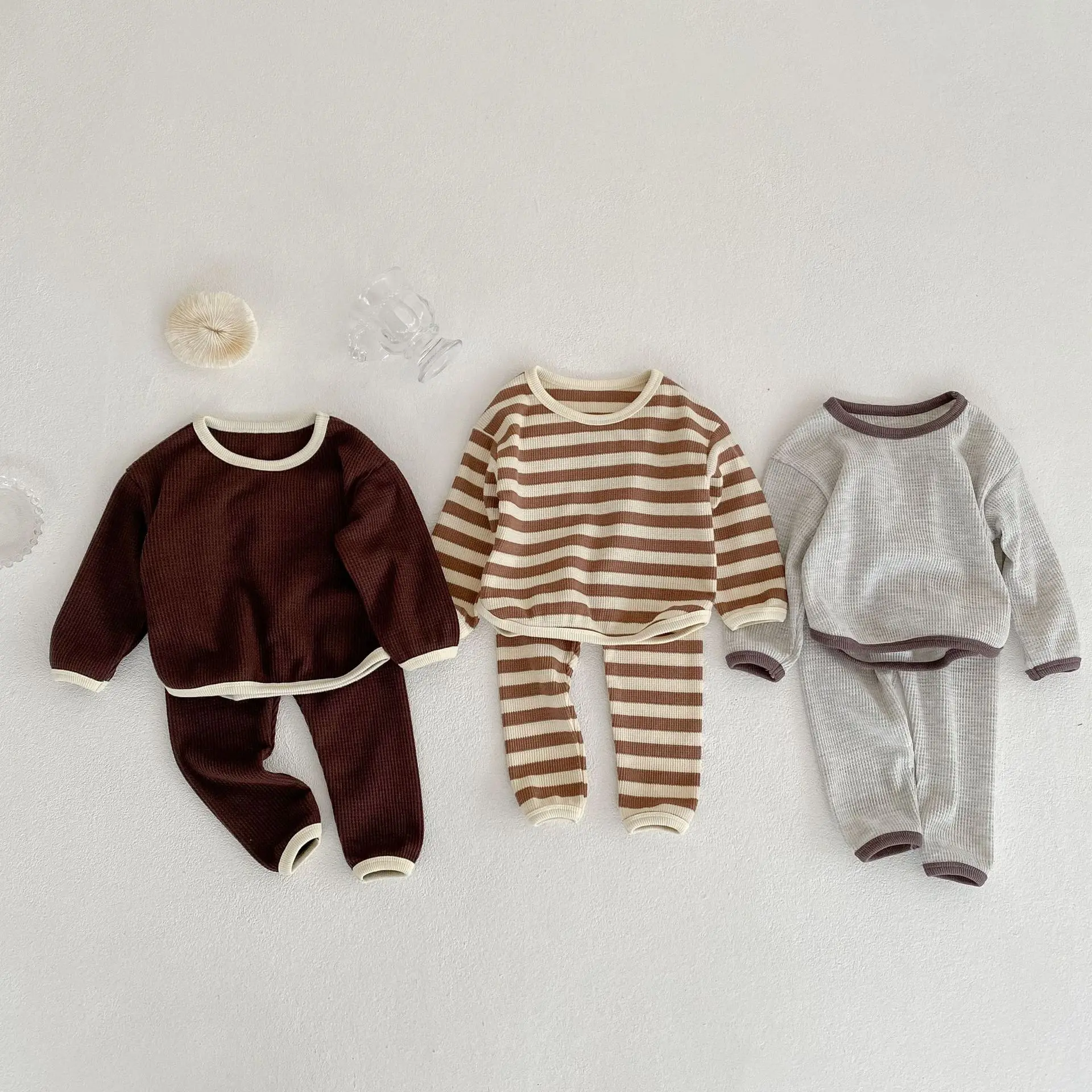 Spring Autumn Baby Girls Waffle Striped Long Sleeved Top Tees + Pant