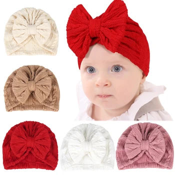 Newborn Baby Girls Bow Hat Elasticity Solid Color Hat with Bow Babies Soft Head Wraps Turban Infant Accessory