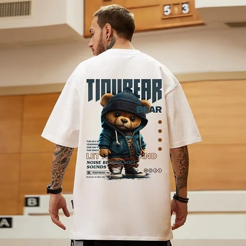 

Summer men's cartoon animation trend bear pattern printing T-shirt oversized loose sports comfortable short-sleeved top