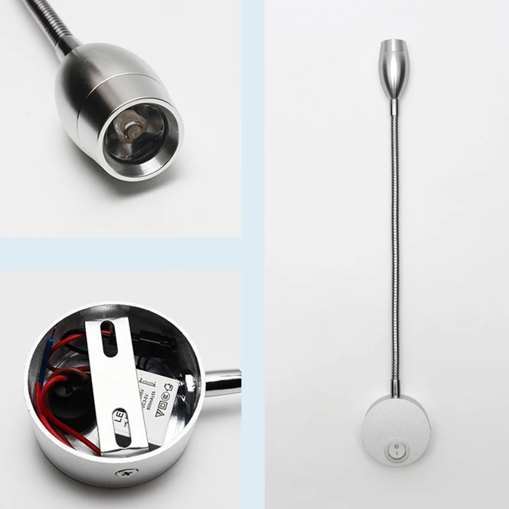 LED 침대 옆 벽 조명, 유연한 구스넥 벽 램프, 침실용 야간 조명 (브러시 실버, 따뜻한 흰색, 3W)