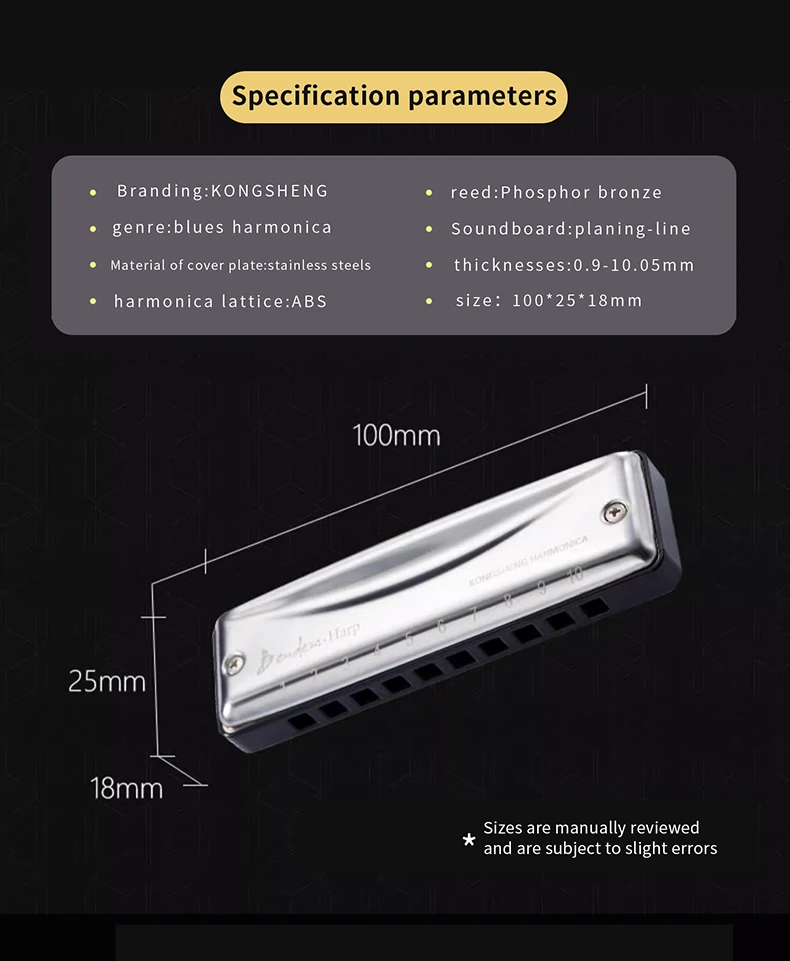 Kongsheng Harmonica 10 Holes 20 Tunes Mouth Organ Blues Deluxe Harmonica, Key of C for Beginner Great Gift