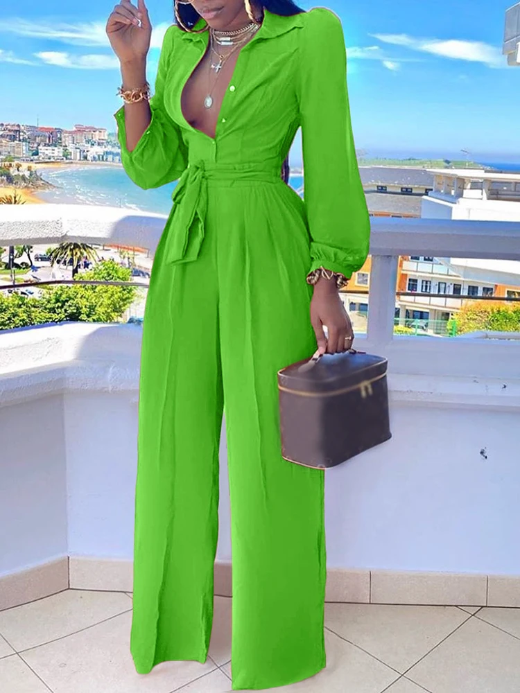 

2023 New Fashion Casual Jumpsuit for Women Spring Summer Solid Color Lace Up Shirt Collar Two-Piece Suit Jumpsuits Office