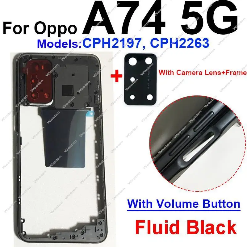 OPPO A74 A76 4G 5G 용 미들 프레임 하우징 커버 베젤, 측면 단추 카메라 렌즈 프레임 부품