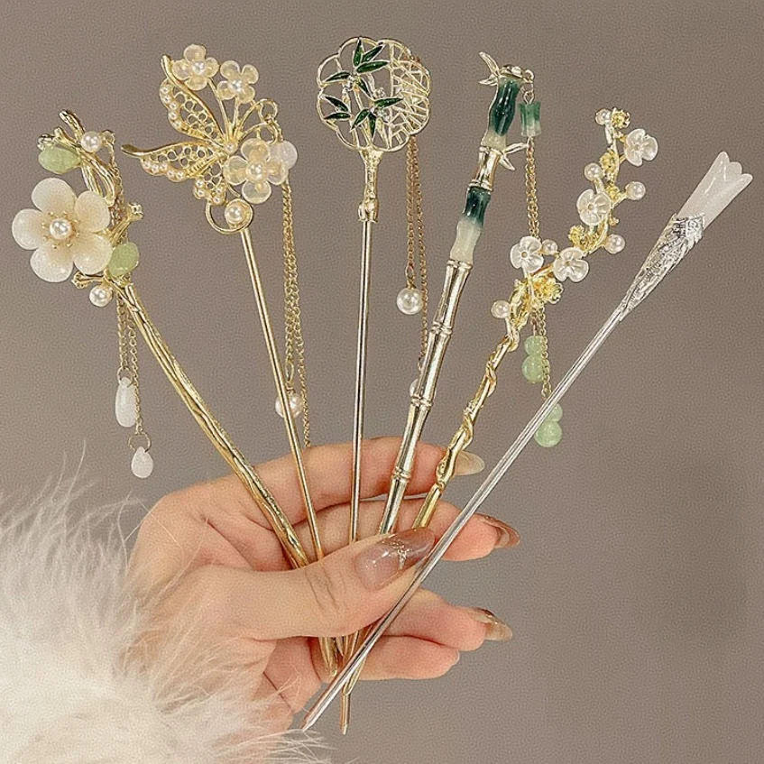 Elegante Kirschblüten-Haarnadeln, japanische Legierungs-Haarstäbchen mit rosa Blumenmuster, hohe Dutts für Frauen, Hanfu-Stil, Haarschmuck, Geschenke – Detail 7