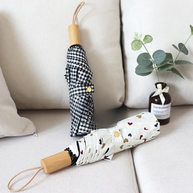Folding Umbrella with Wooden Handle Small Fresh Vinyl Sun Umbrella Sun Protection Anti-UV Parasol  Literary Love