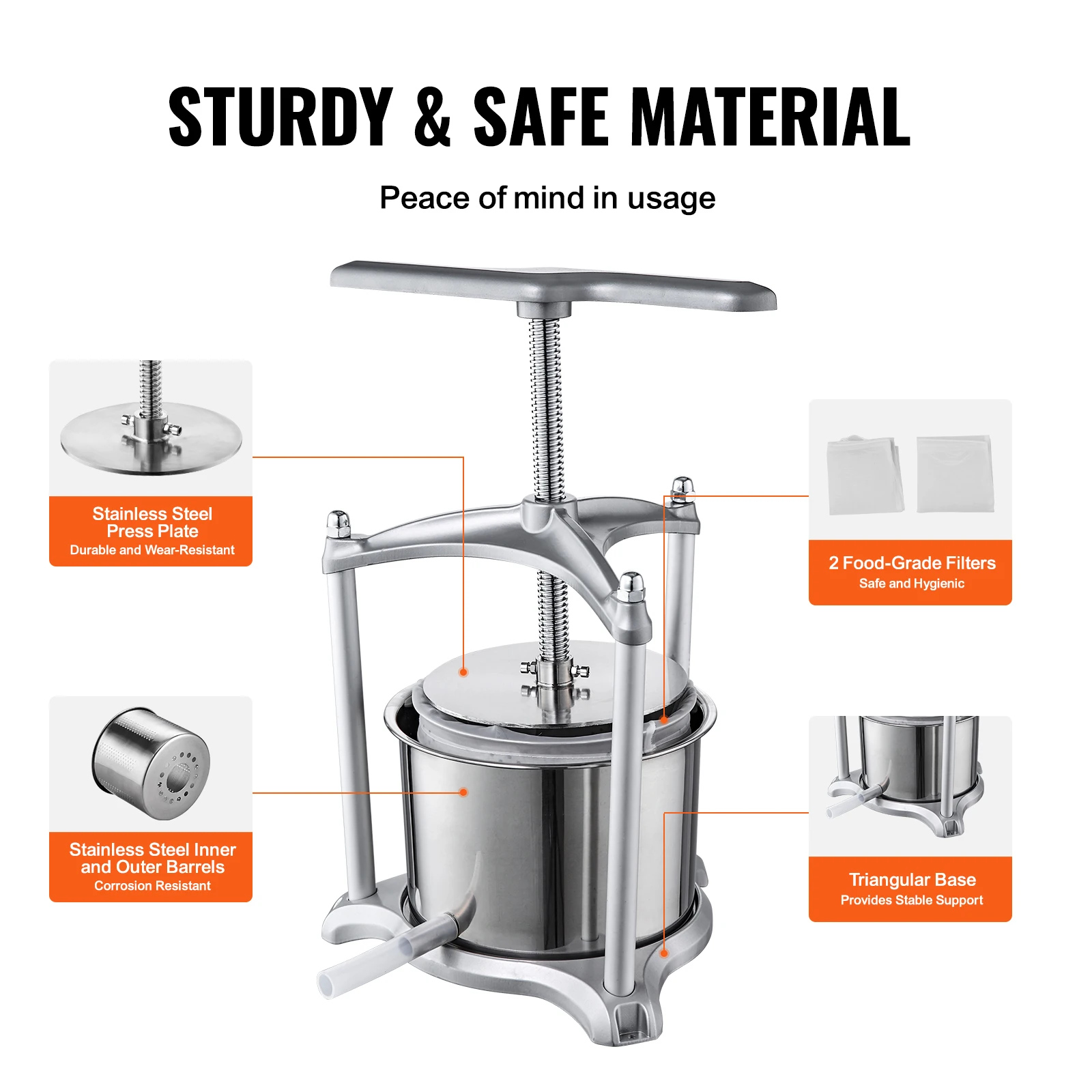 VEVOR 1.6 Gal/6L Manual Fruit Wine Press Maker Stainless Steel Household Nature Vegetables Juice Making Machine for Home Kitchen 4