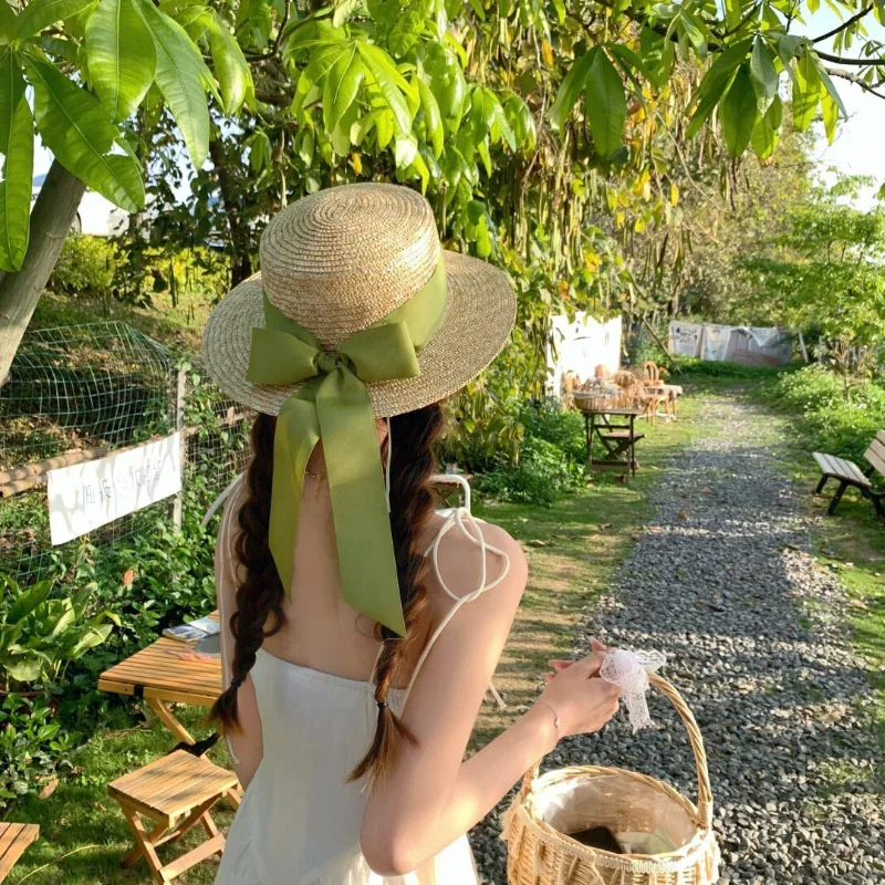 

French Green Bowknot Japanese Small Flat Top Straw Hat 프랑스 빈티지 French Vintage Women's Summer Hat Versatile Travel Hat