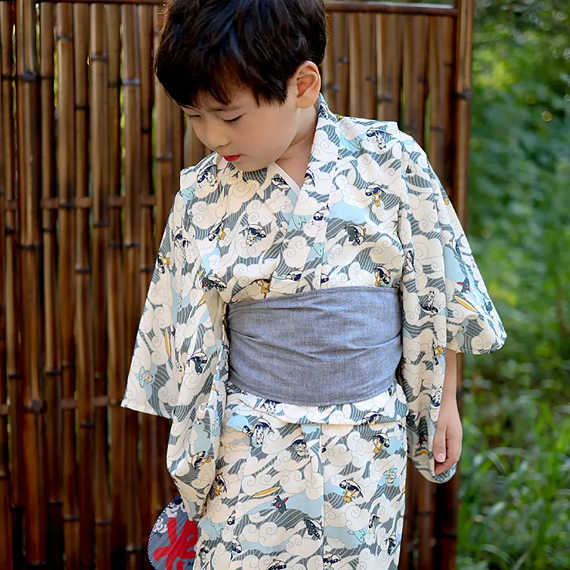 Boy's Japanese Traditional Kimono With Belt Formal Yukata Photography Clothing Performing Dress Cosplay Wear