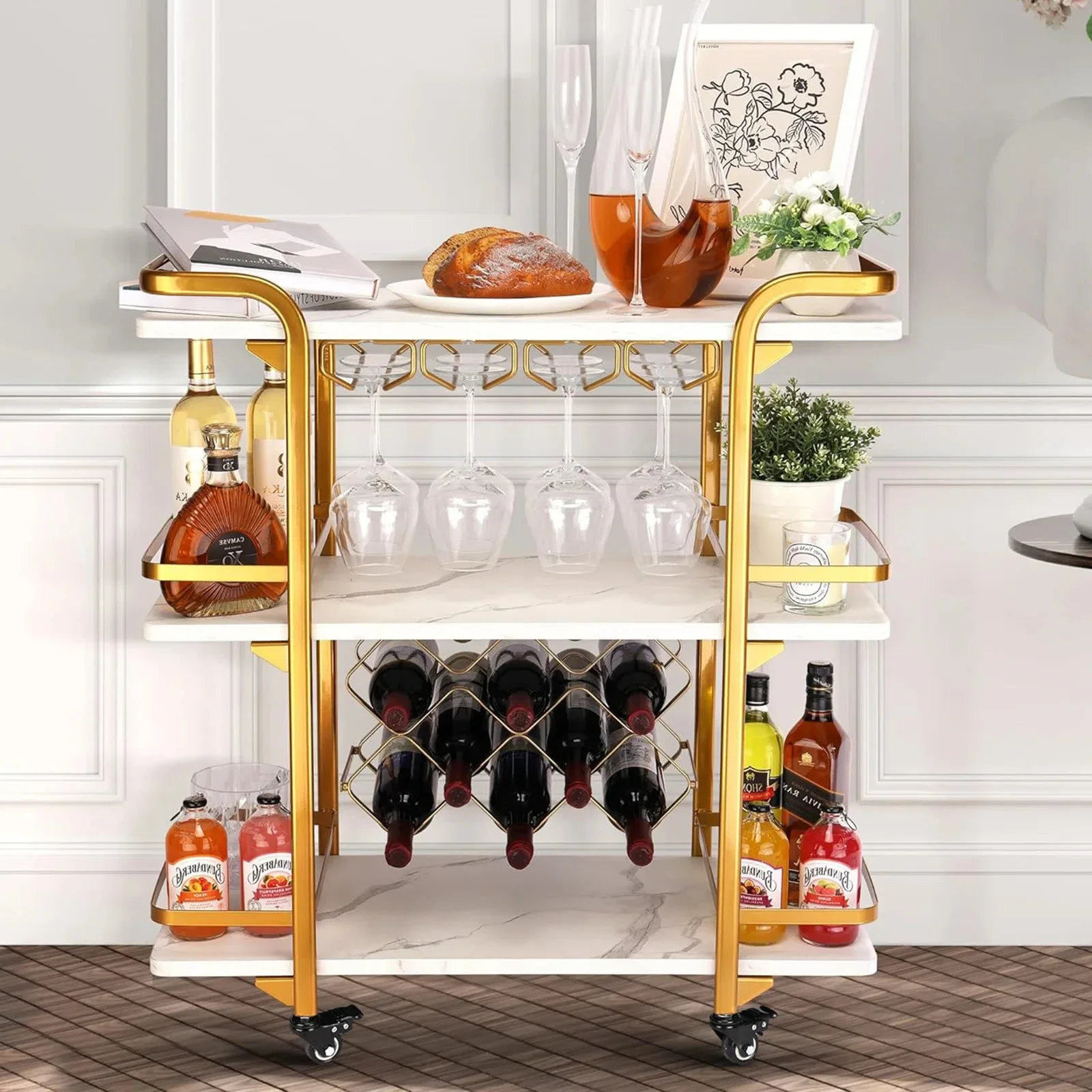MDF and Metal Golden Living Room Mini Beverage Car Restaurant Side Cabinet Beauty Trolley Bar Cart Trolley