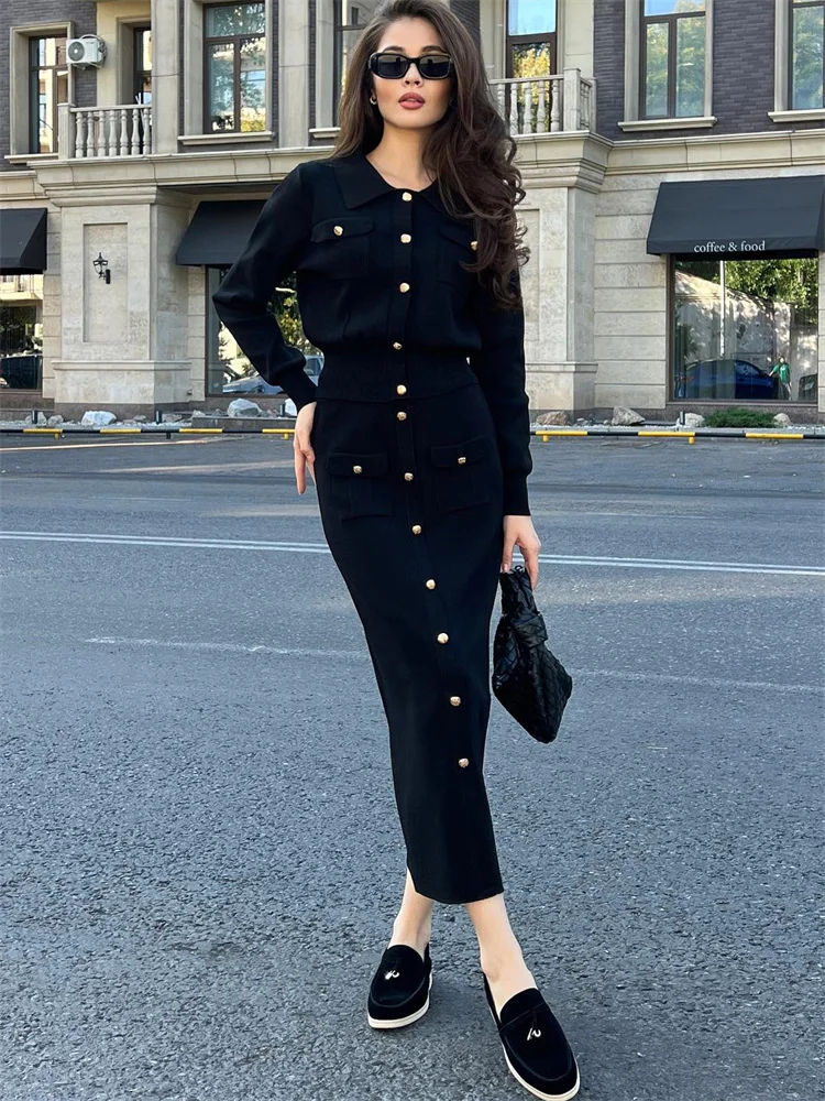 Conjunto de 2 piezas de punto con solapa y falda larga para mujer, moda de retazos, conjuntos ajustados de cintura alta, ropa de calle, conjuntos de falda larga de otoño para mujer