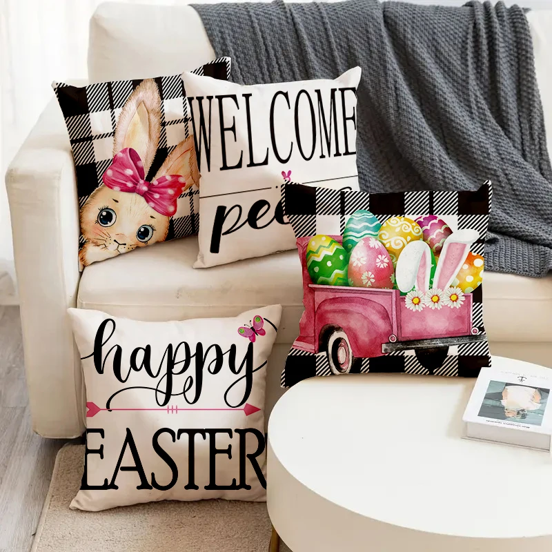 

Happy Easter Egg Rabbit Butterfly Bow Printed Soft Square Pillowslip Linen Blend Cushion Cover Pillowcase Living Room Home Decor