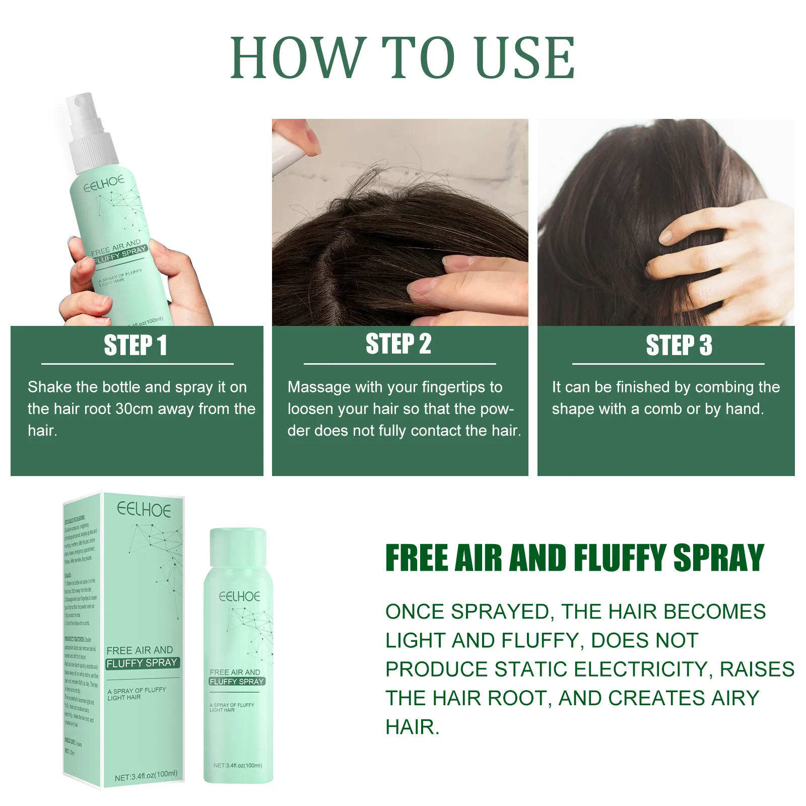 EELHOE No Wash Shampoo Free Air and Fluffy Spray Hair Refreshing Spray Oil Control Dry Hair Shampoo Fluffy Volumizing Hair Spray